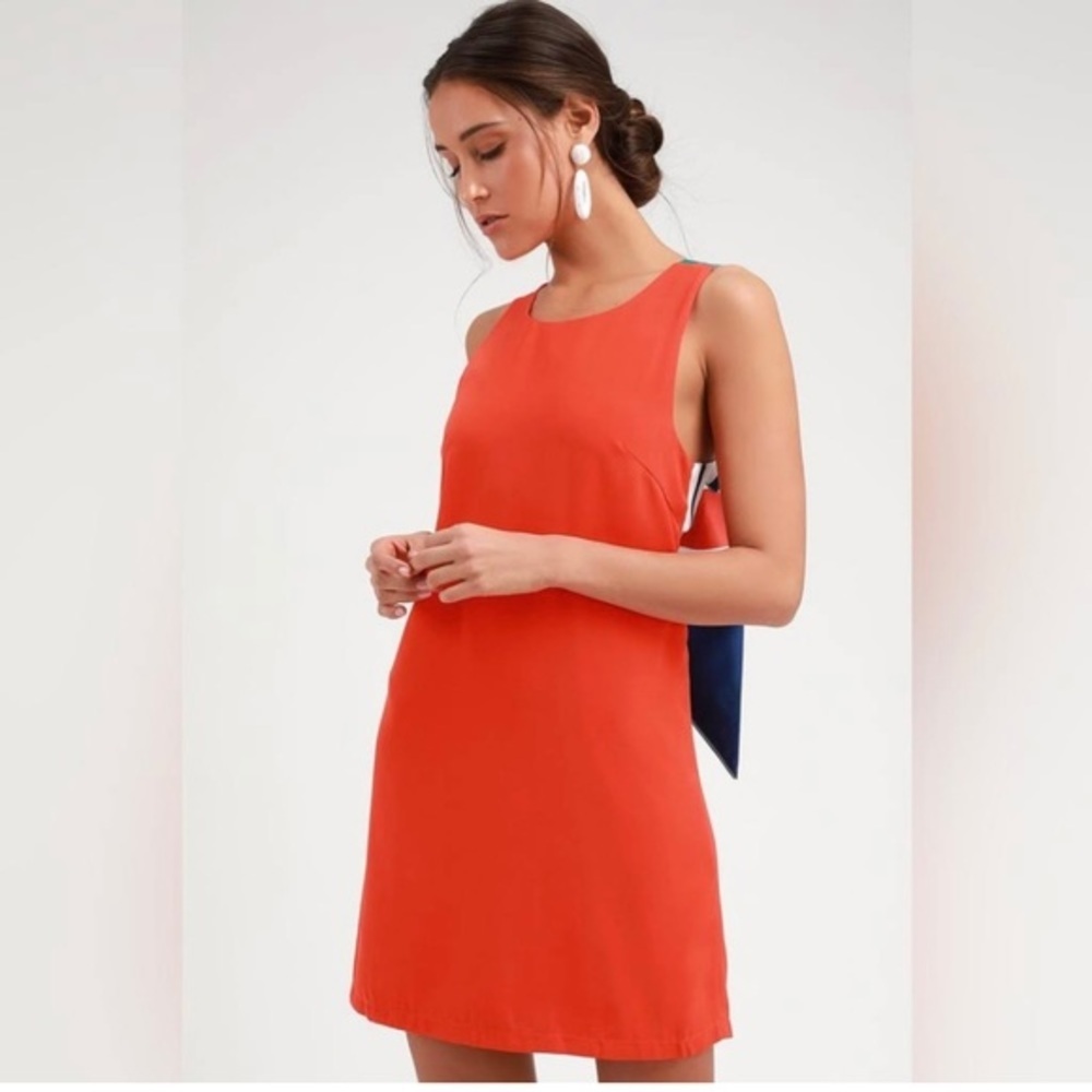 LULU’S Joyful Red Orange Multi Stripe Tie-Back Mini Dress Size Small, Like New - Picture 2 of 15